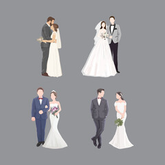 Set of hand drawn Bride and Groom watercolor vector illustration
