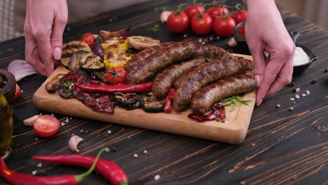 Woman puts grilled Homemade juicy pork sausages from grill frying pan to serving cutting board