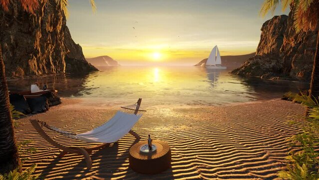 Beautiful sand beach, with waves coming in, cliffs, palm trees, beach chair,  and a small table with a bottle of wine, 3D animation, sunset time.