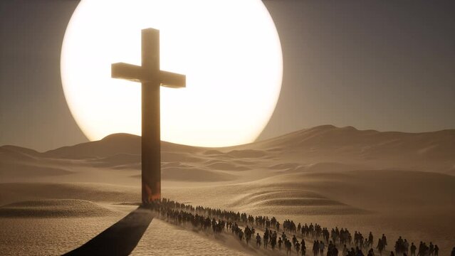 A huge gold cross on the desert with people walking towards it, and a big sunset 3D animation.
