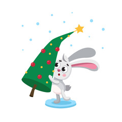 Year of rabbit zodiac. Hare holds christmas tree. Christmas, chinese new year illustration. Symbol of lunar new year. Vector cartoon rabbit. Character, mascot, symbol, sign of Chinese New year.