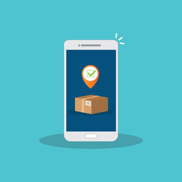 Delivery Process Notification On Mobile Phone. Express Delivery, Home Delivery, Contactless And Order Curbside Pickup.	