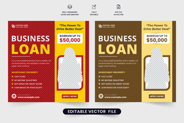 Small business loan social media post template with red and yellow colors. Banking service advertisement poster design for home or car loans. Personal bank loan promotional web banner template.
