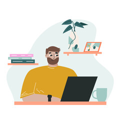 Man sits at a table, works at home at a computer. The concept of freelancing and remote work. Flat vector illustration
