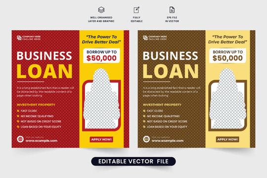 Small business loan social media post template with red and yellow colors. Banking service advertisement poster design for home or car loans. Personal bank loan promotional web banner template.