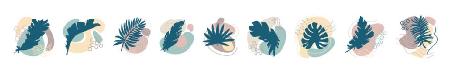 Collection of abstract organic shapes with silhouette tropical plants. Minimal art design. Foliage drawing with fluid geometric forms, dots and lines. Set Calm abstract pattern with elements of nature