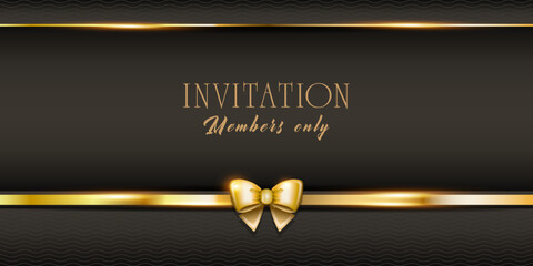Invitation card with golden ribbons and a bow on a dark background