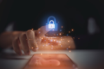 Female hand using mobile phone or smartphone. Security and data encryption concepts to protect personal data in cybernetwork and the Internet.
