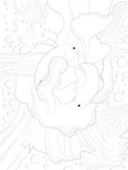 Two Betta fishes on bubble background, black and white.Coloring book page. Vector.