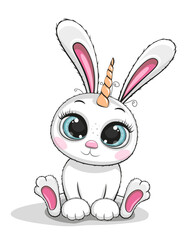 Cute white bunny unicorn with long ears and big blue eyes