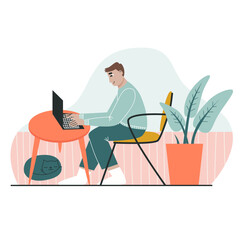 Freelance man working on a laptop at home. The concept of freelancing and remote work. Flat vector illustration. 