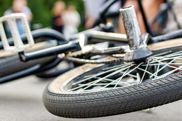 Bicycle for jumps and tricks BMX in the skatepark. Sports bike close up. Cycling.