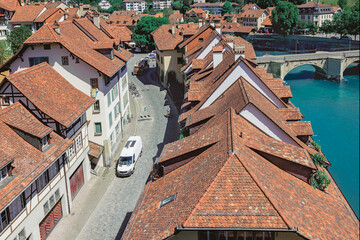Bern city Switzerland aerial view of the old city rooftops