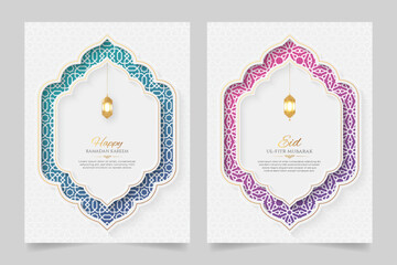 Ramadan and Eid Islamic White Luxury Vertical Ornamental Backgrounds with Arabic Pattern and Decorative Arch Frame