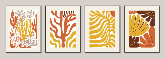 Fototapeta na wymiar Coral poster. Matisse art style random organic shapes in freehand. Floral art. Boho Decor. Vector illustration. 