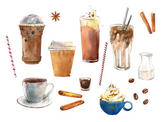 Set of drinks coffee. Watercolor illustration on a white background.