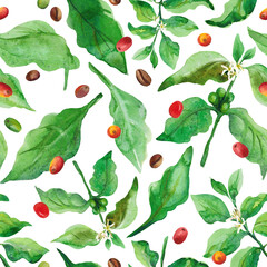 Seamless pattern.Branches, leaves, coffee tree grains.