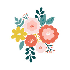 Modern hand draw floral bouquet.Flower and green leaves.Hand draw botanical.