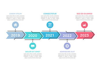 Horizontal timeline template with five arrows, workflow or process diagram