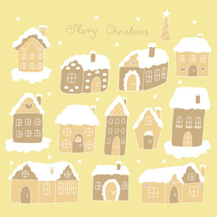 Christmas gingerbread houses set vector illustration, hand drawing