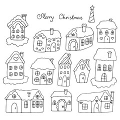 Christmas gingerbread houses set vector illustration, hand drawing doodles