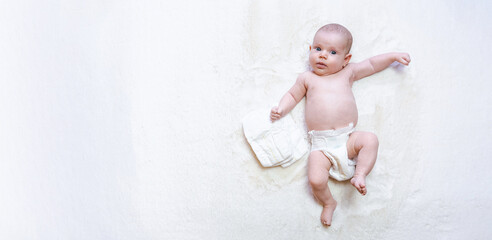 Diaper girl newborn baby banner. Child care white background. Happy cute infant baby in nappy. Newborn care, colic, teeth, newborn day regimen.