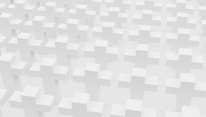 Abstract 3d-rendering of several white crosses in rows in front of a white bright background 