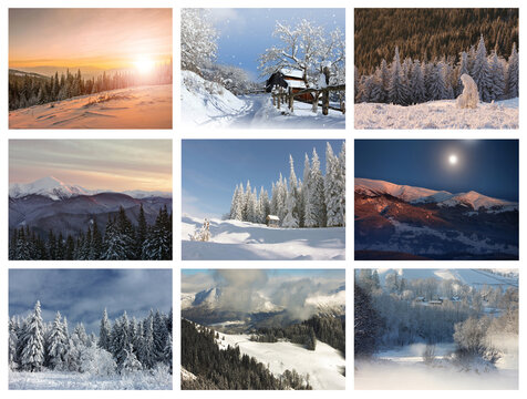 scenic winter  mountains collage in Europe, amazing winter collection of nature images