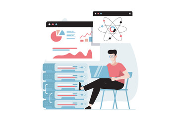 Data science concept with people scene in flat design. Man scientist working with molekules, studying statistics charts, using database at server. Vector illustration with character situation for web