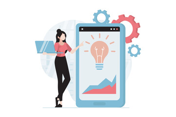 Data science concept with people scene in flat design. Woman working with statistics charts using mobile app, generates new ideas and solutions. Vector illustration with character situation for web