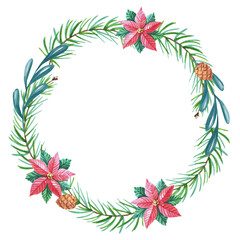 Watercolor Wreath with poinsettia flowers, pine, spruce, green twigs on white background. Merry Christmas illustration. New Year floral Frame for greeting card, design