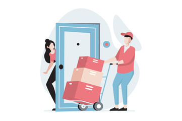Delivery service concept with people scene in flat design. Man courier carrying boxes on wheelbarrow to door. Woman receiving parcels at home. Vector illustration with character situation for web