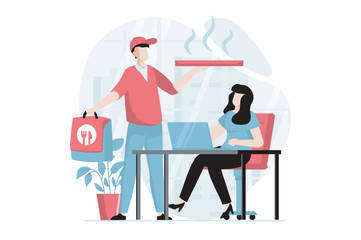 Delivery service concept with people scene in flat design. Man courier carrying pizza orders to customer. Woman using lunch delivery to office. Vector illustration with character situation for web