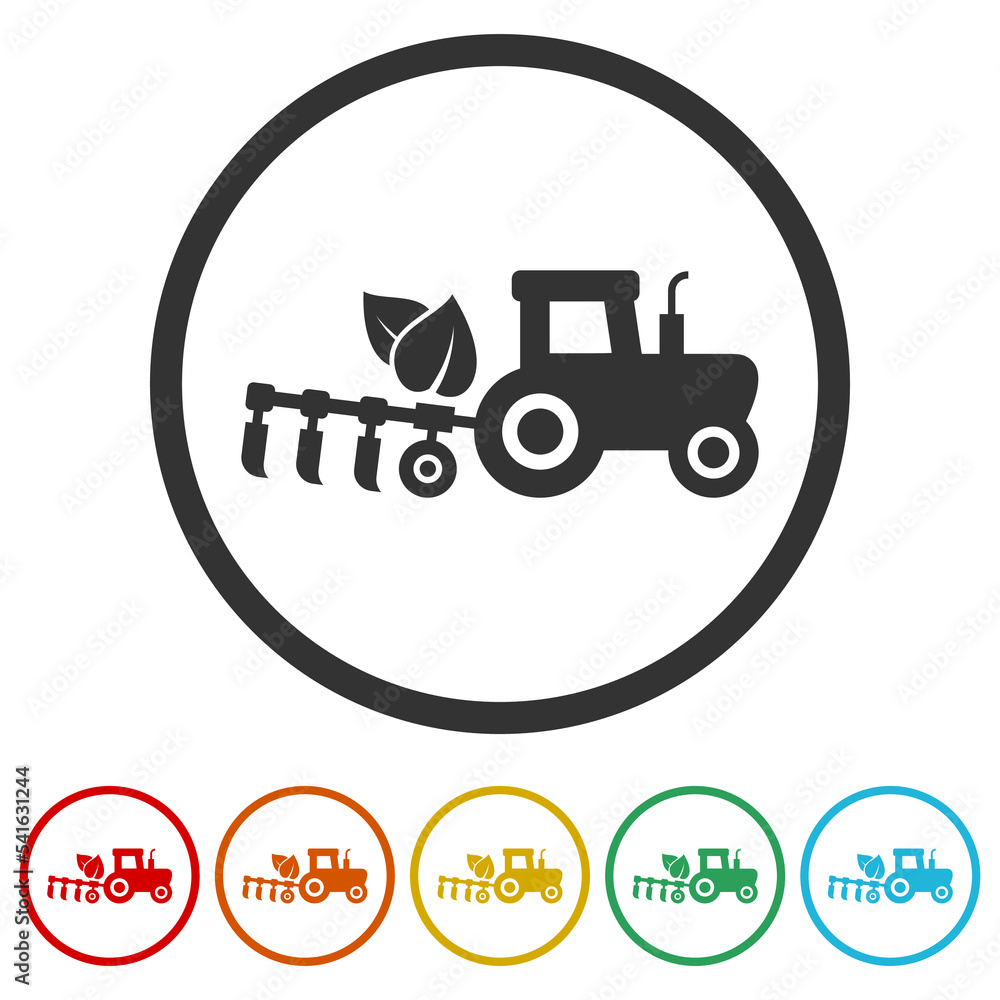 Poster tractor logo. set icons in color circle buttons