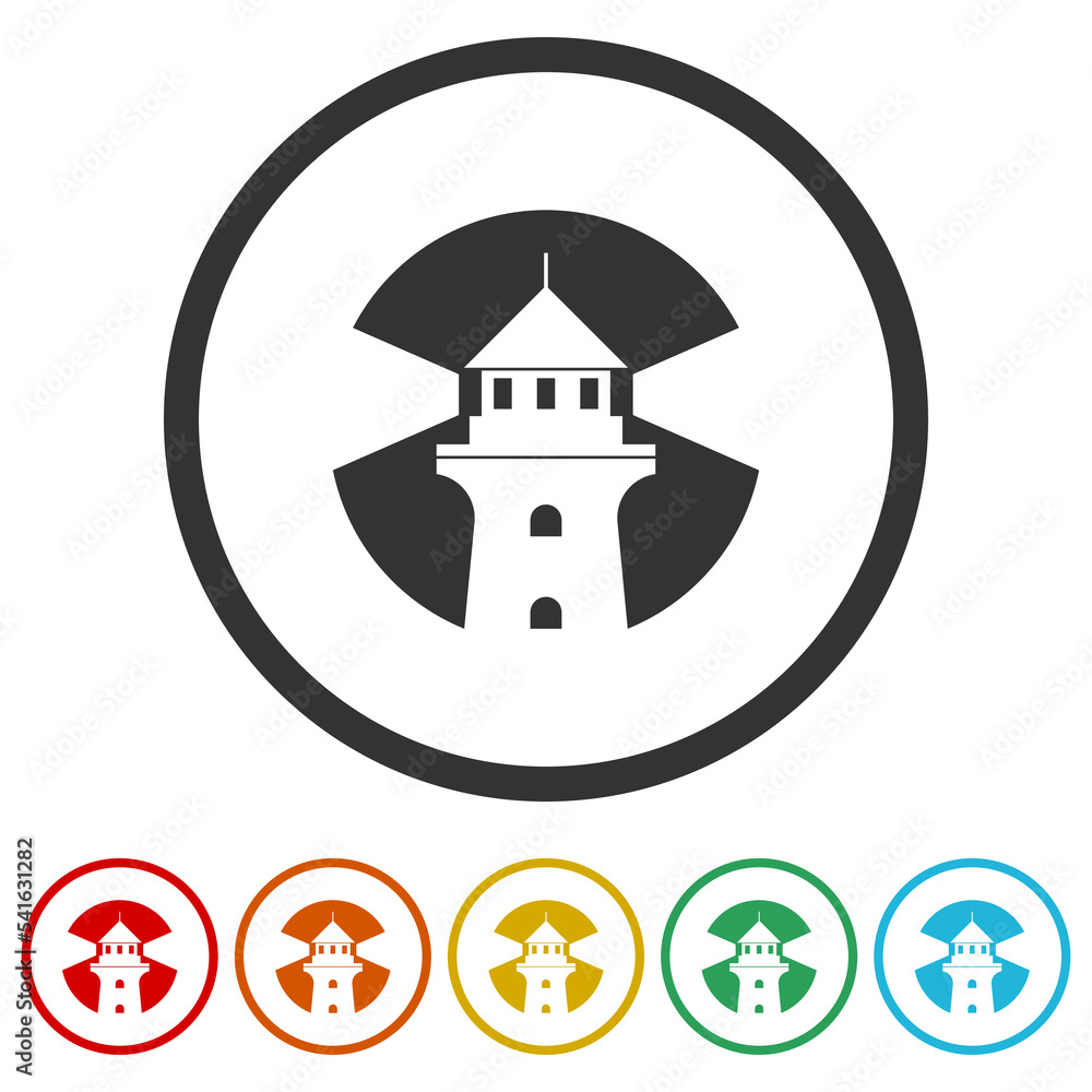 Poster circle with lighthouse icon. set icons in color circle buttons