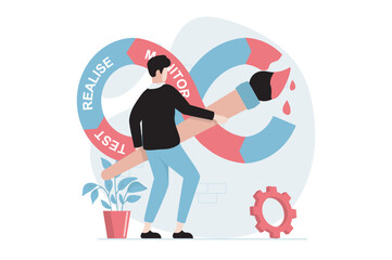 DevOps concept with people scene in flat design. Man creating software and working in team, using agile project management and optimizing workflow. Vector illustration with character situation for web