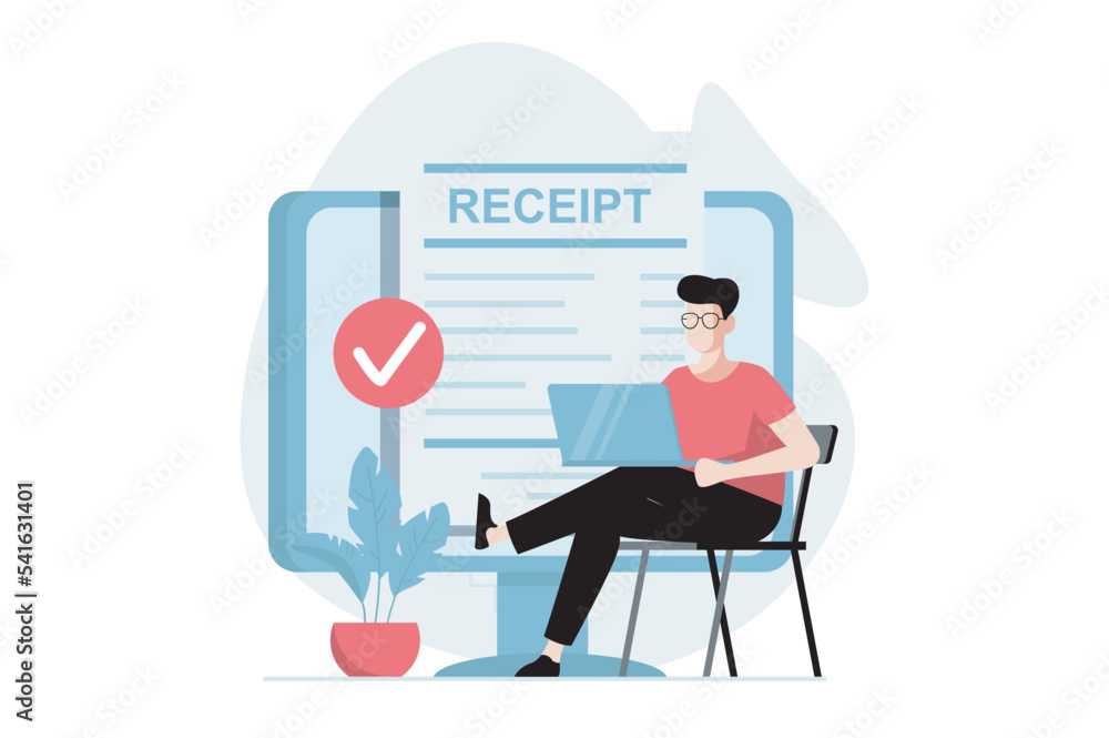 Poster Electronic receipt concept with people scene in flat design. Man receives digital invoice and paying online, making transaction from laptop. Vector illustration with character situation for web