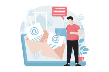 Email service concept with people scene in flat design. Man receiving lot of letters from online contacts and answering using mail client app. Vector illustration with character situation for web