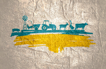 Brush stroke with agricultural icons textured by flag of Ukraine. Background for eco products.