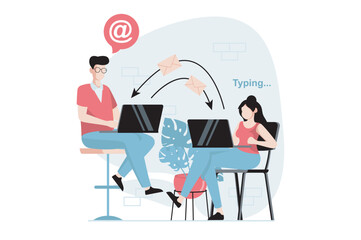 Email service concept with people scene in flat design. Man and woman are chatting online, typing new letters and using mail client on laptop. Vector illustration with character situation for web