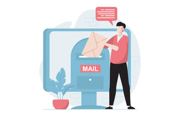 Email service concept with people scene in flat design. Man puts huge envelope in mailbox and sending new letter using mail client on computer. Vector illustration with character situation for web