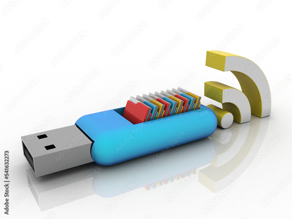 Poster 3d rendering folders in pen driver with wifi