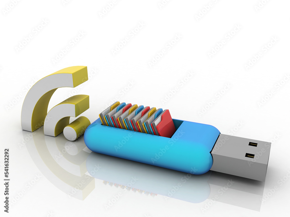 Poster 3d rendering folders in pen driver with wifi
