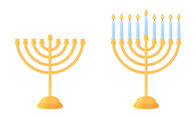 Hanukkah menorah empty and with lit candles. Set of traditional Jewish Hanukah symbol. Isolated golden chanukiah holder with nine candles on white background. Flat vector illustration