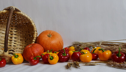 Autumn harvest pumpkin and pepper along with a wicker basket on a light background. Autumn design, harvest concept.