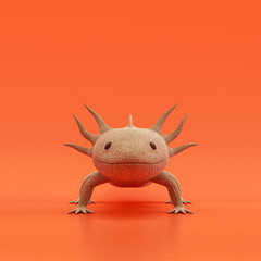 Axolotl doll, stuffed animal made of fabric single animal from front view, brown monochrome animal in an orange studio, 3d rendering