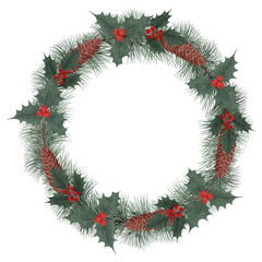 Fototapeta na wymiar Christmas wreath in watercolor style. Isolated clipart element.