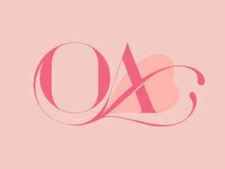 OA monogram logo.Calligraphic signature icon.Decorative letter o, letter a.Lettering sign.Wedding, fashion, beauty, gift boutique alphabet initials.Stylish typography characters.Heart love symbol.