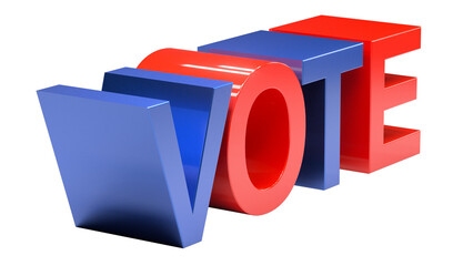 VOTE TEXT Blue & Red - Left Angle Closeup, 3D Text Render, Realistic on a White Backdrop, CGI Rendering Illustration 