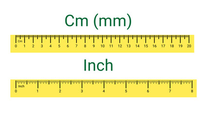 Set of ruler size indicators.  Measuring scale in centimeters, millimeters and inch. Vector illustration.